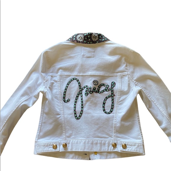 Juicy Couture White Cropped Denim Jacket, with multicolored writing/ flowers - Picture 2 of 2